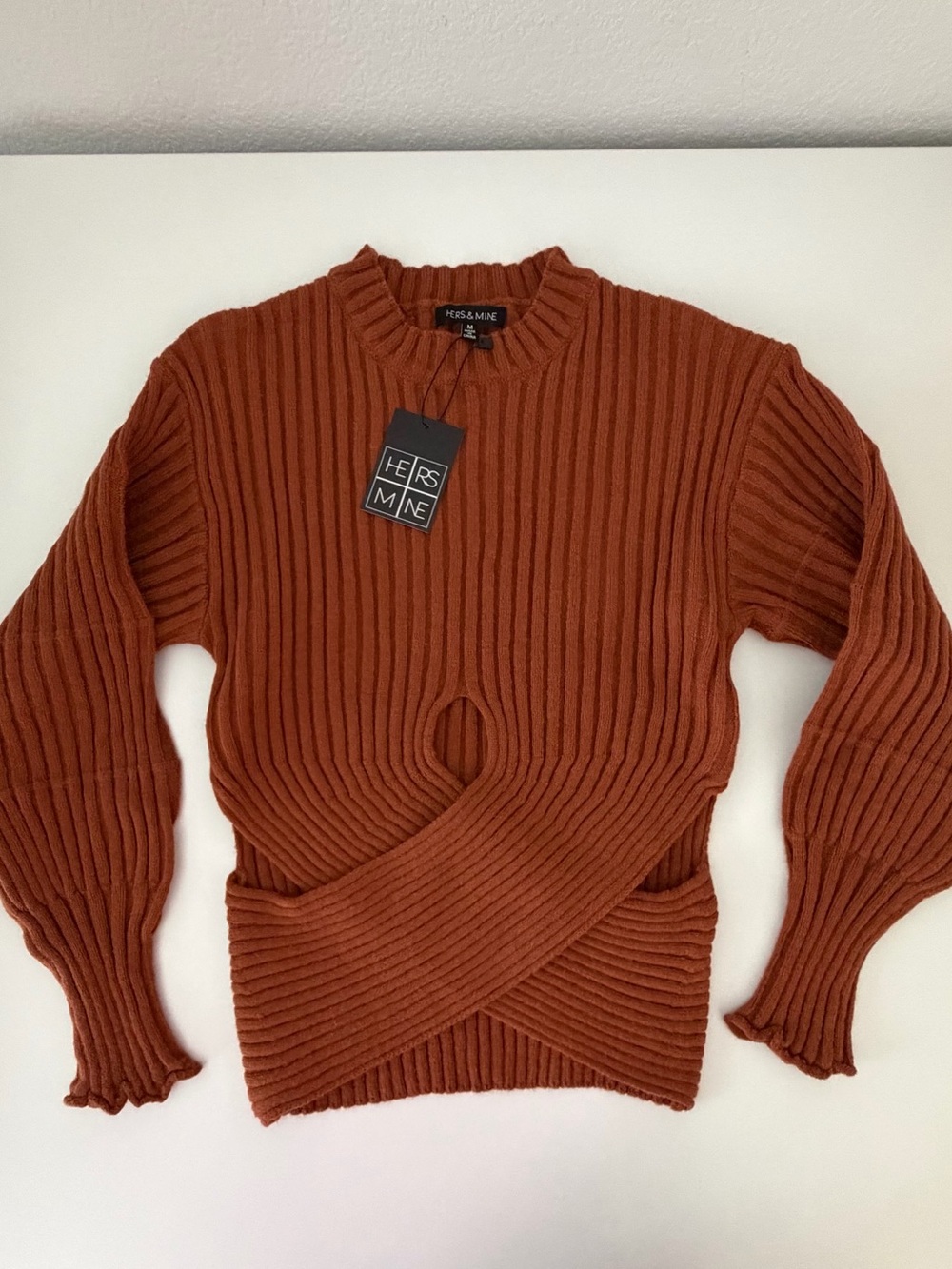Hers & Mine Rust Twist-Front Ribbed Crewneck Sweater